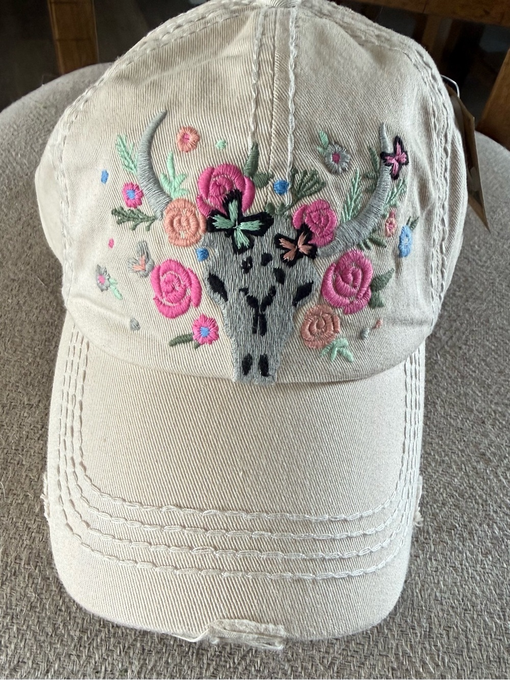 KBETHOS Beige Kids Cap with Floral Steer Skull Embroidery